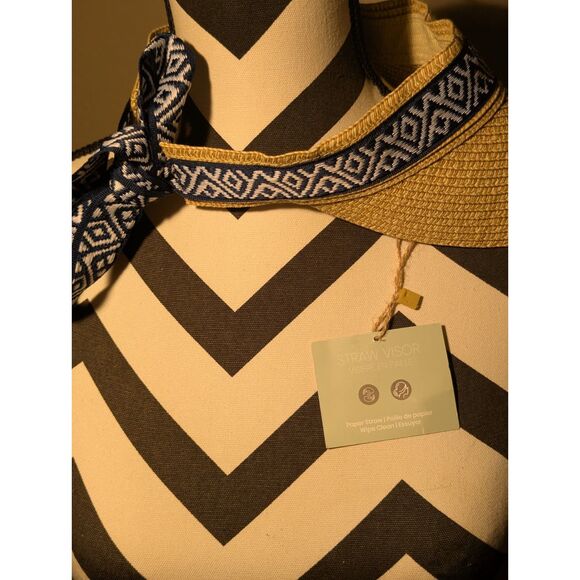 Sea & Grass Straw Visor Tie Back Sun Hat Navy White Tribal Geometric One Size - Picture 6 of 7